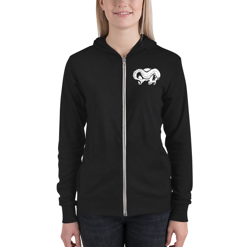Front view woman wearing skull and tentacle print zip up hoodie