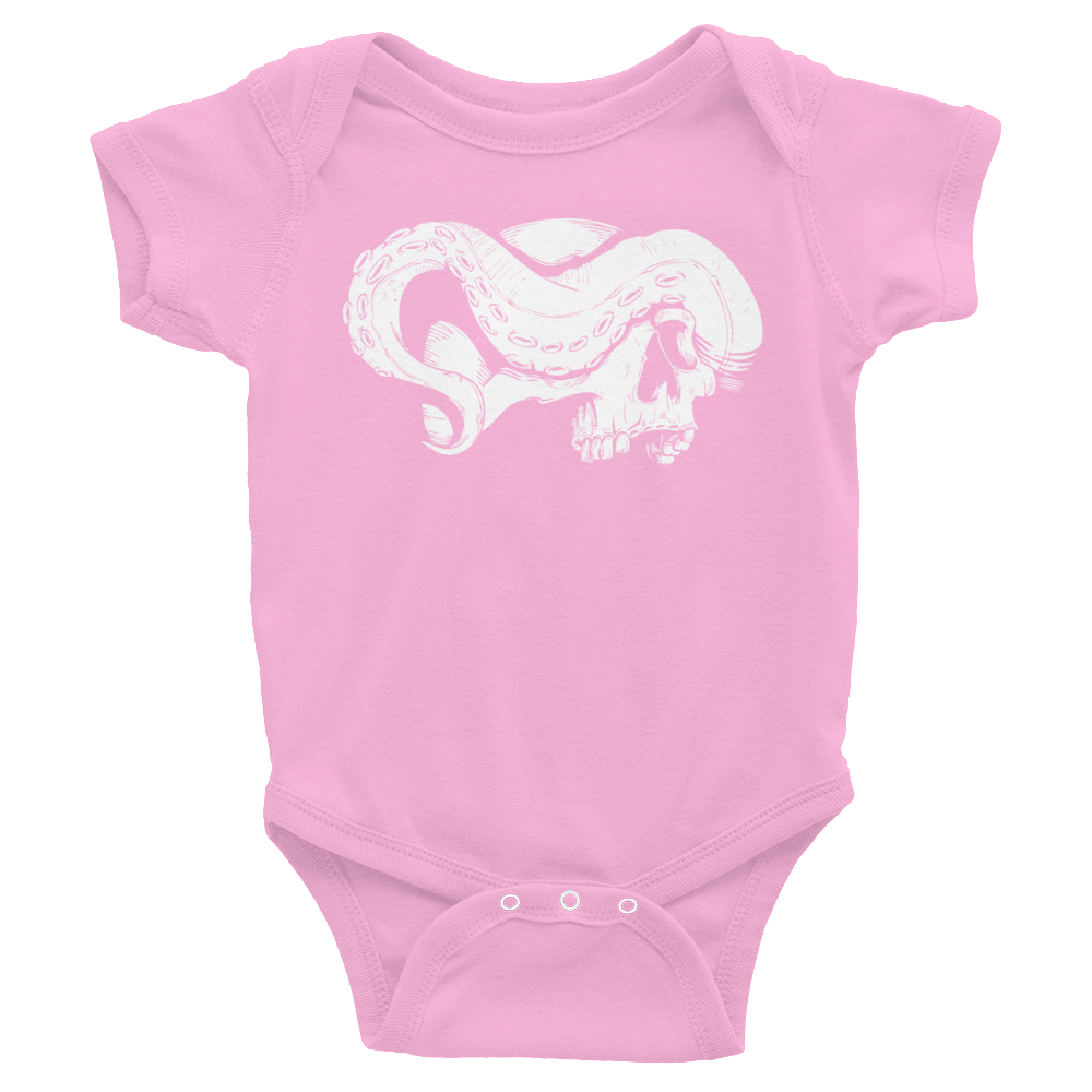 Pink skull print baby onesie with tentacle
