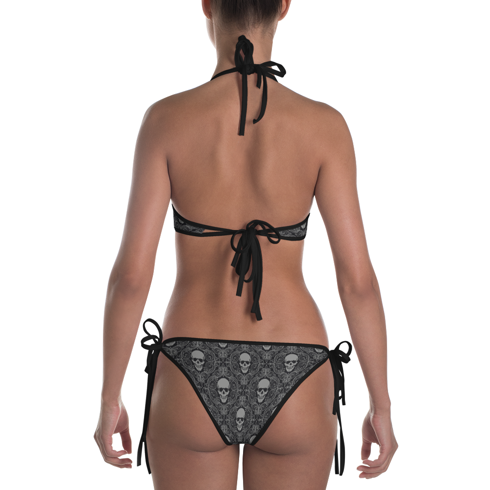 Back view reversible skull print and black bikini