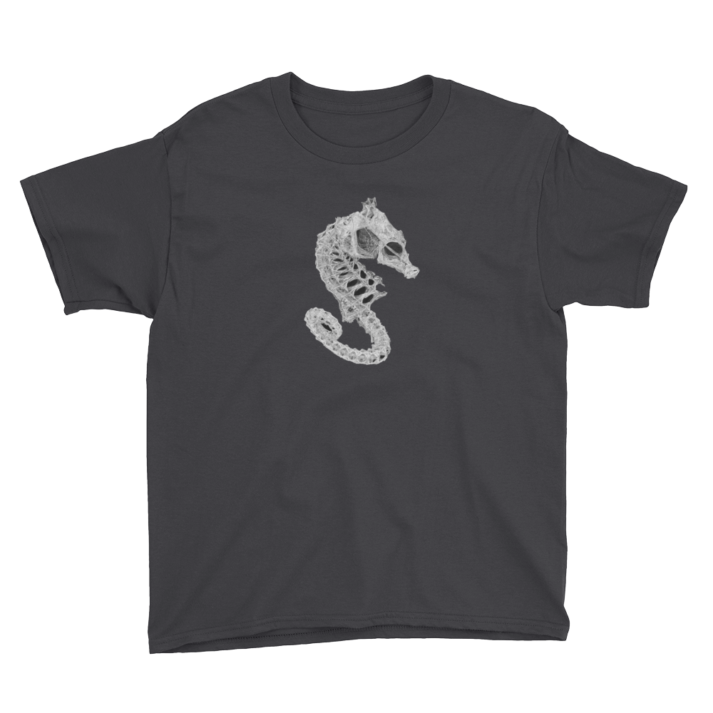 Flat lay black kid's shirt with seahorse skeleton