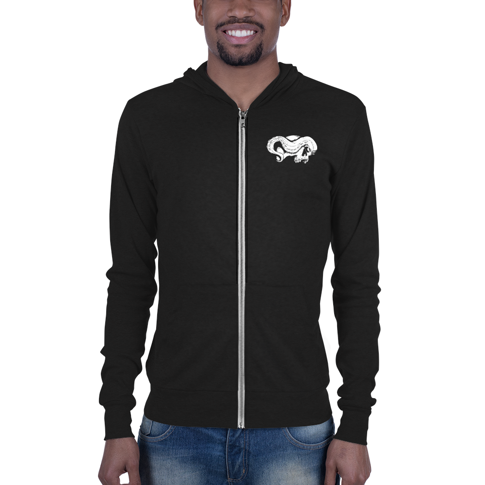 Front view man wearing skull and tentacle print zip up hoodie