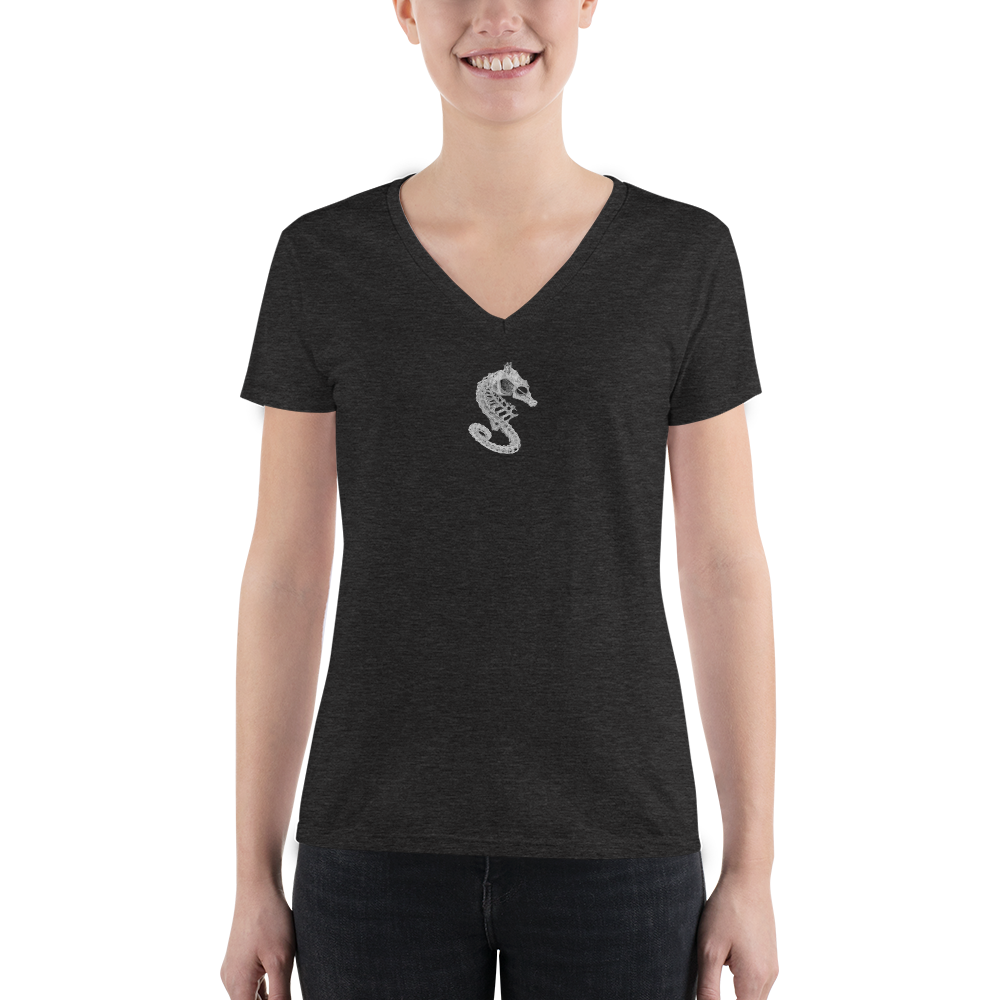 front view of seahorse skeleton v-neck shirt in black