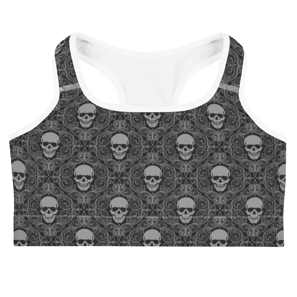 Front view skeleton wallpaper skull print sports bra with white trim