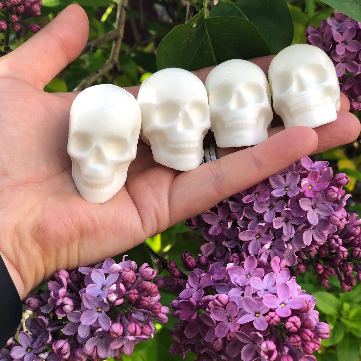 Four mini skull soaps held in a hand with lilac blossoms