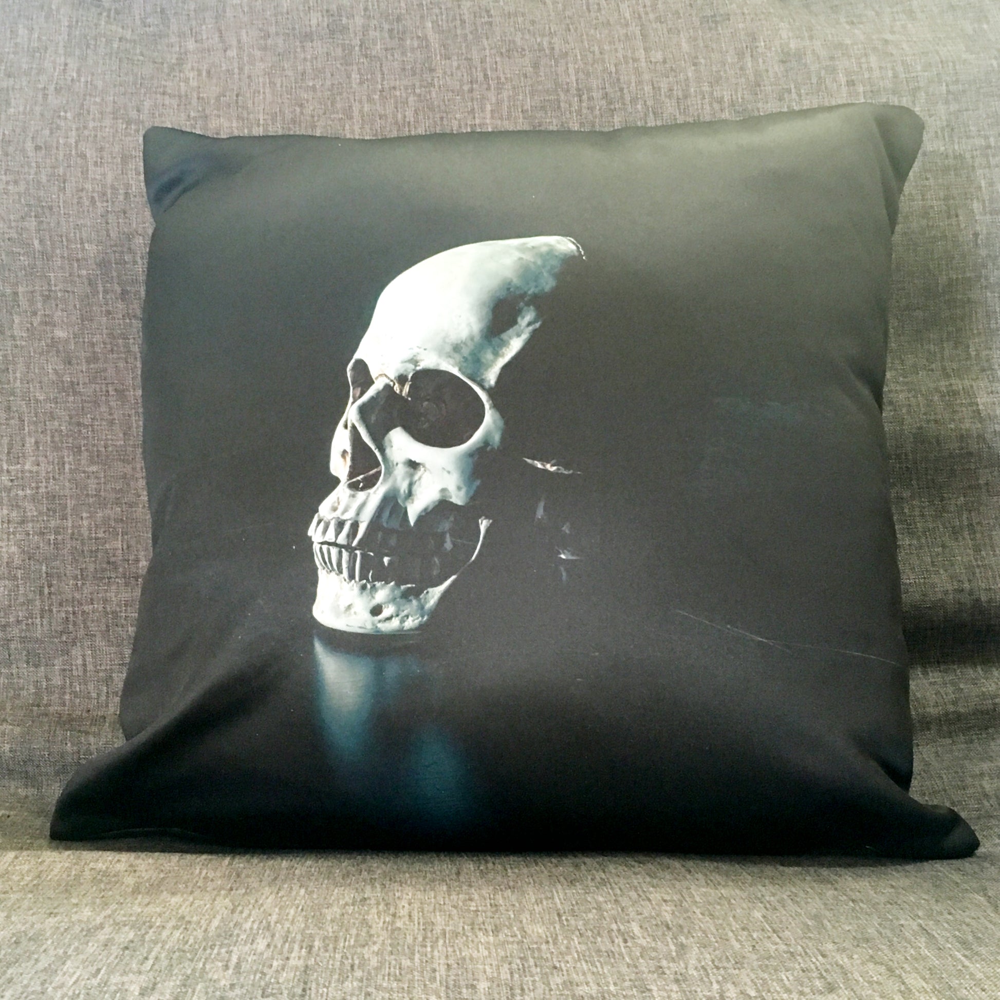 Throw pillow with single skull facing at an angle