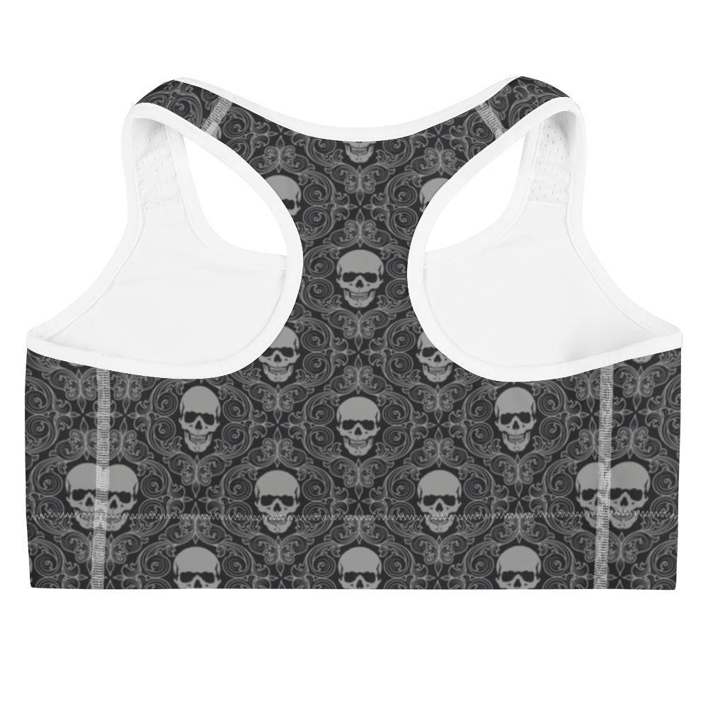 Back view skeleton wallpaper skull print sports bra with white trim