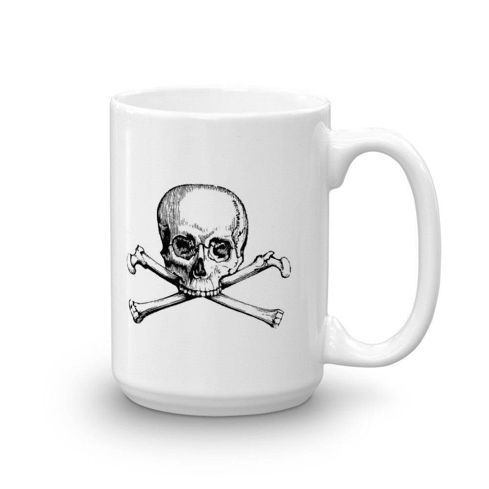 White mug with black skull and crossbones logo