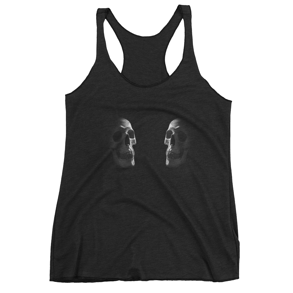 Front view of black racerback tank top with two skulls facing each other
