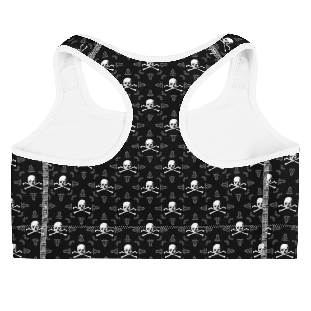 Back view skull and crossbones sports bra with white trim