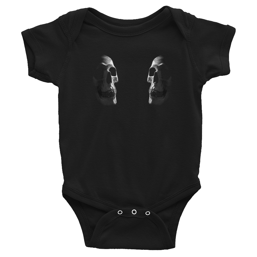 Front view of black skull baby onesie with two skulls