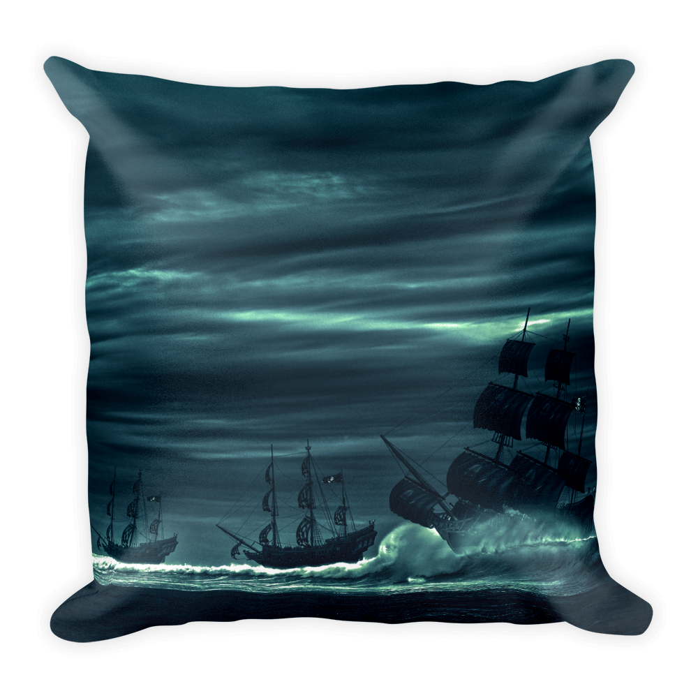 Blues and black pirate galleon ships on square throw pillow