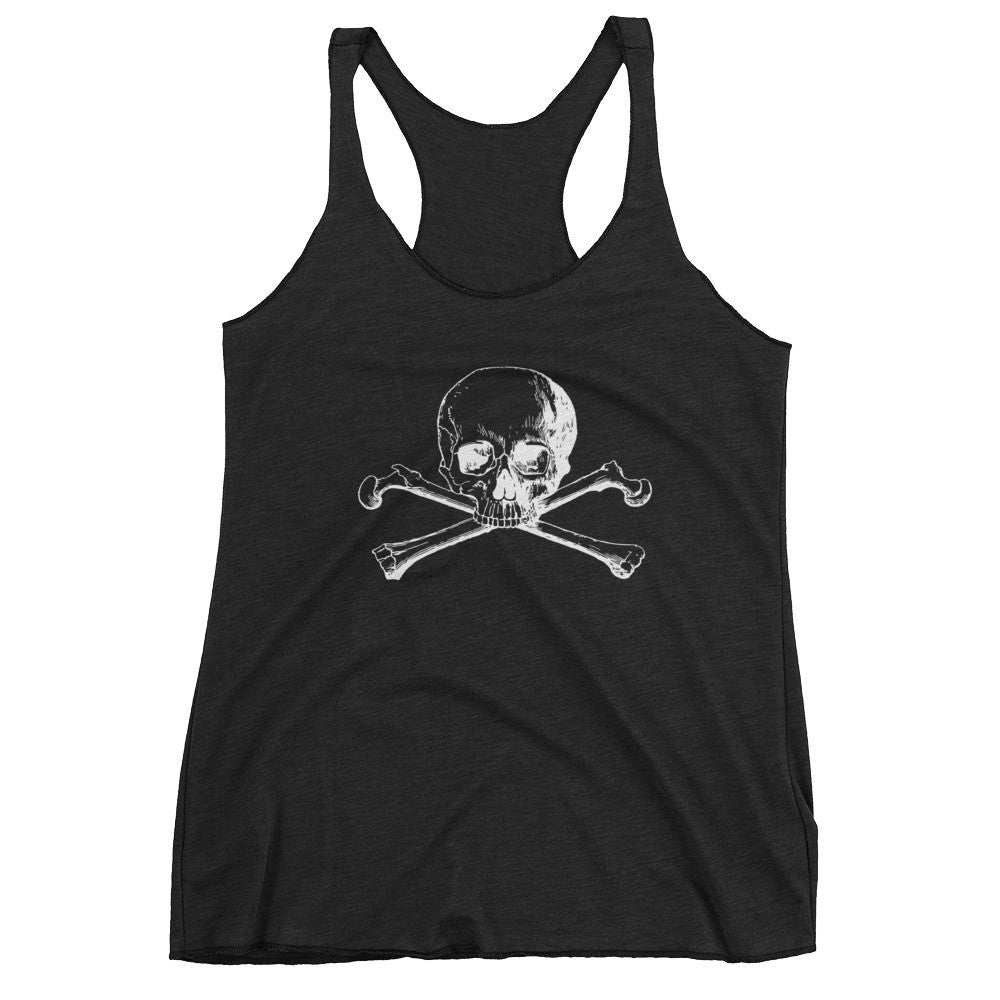 Front view of black racerback tank top with skull and crossbones logo