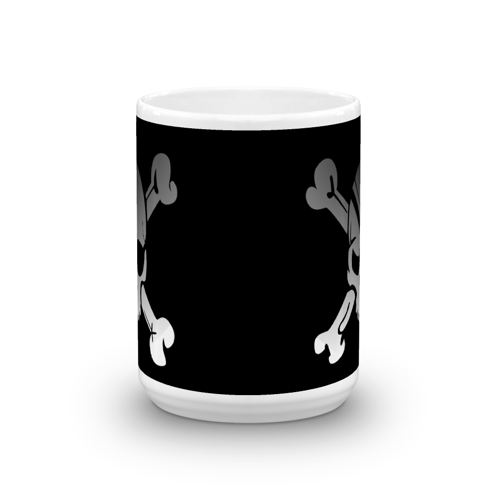 Side view of coffee mug with pirate skull and eye patch
