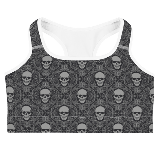 Front view skeleton wallpaper skull print sports bra with white trim