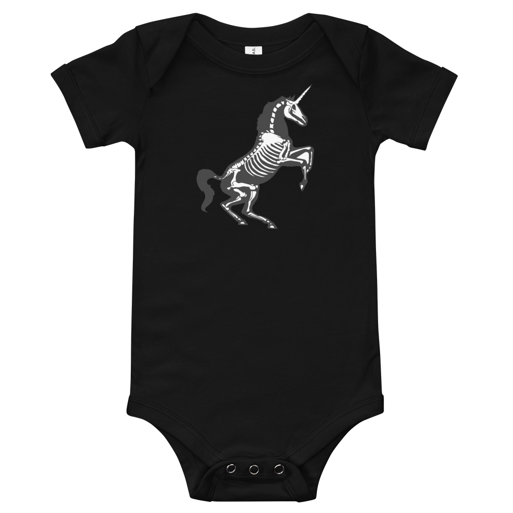 flat lay image of black unicorn skeleton baby onesie