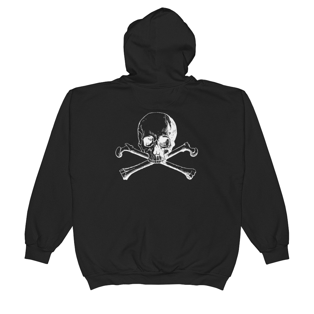 Back view of skull and crossbones zip up hoodie rear