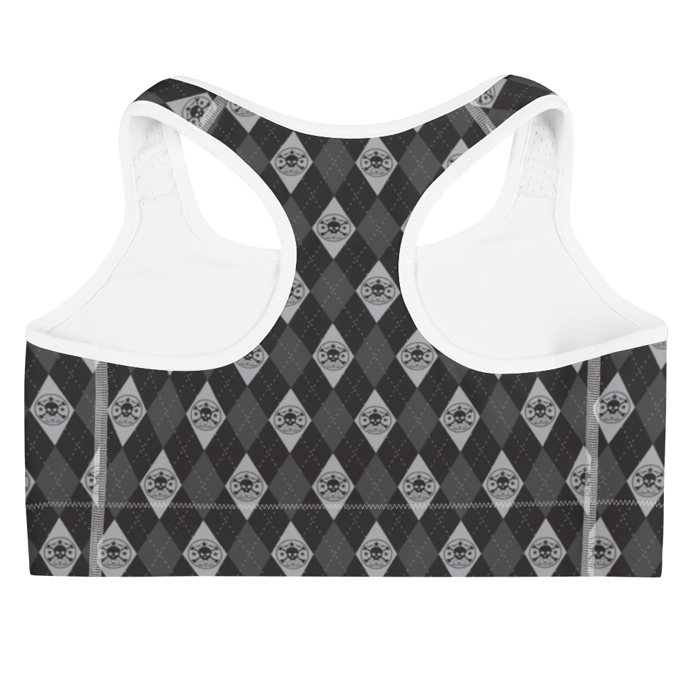 Back view black and grey argyle skull print sports bra with white trim