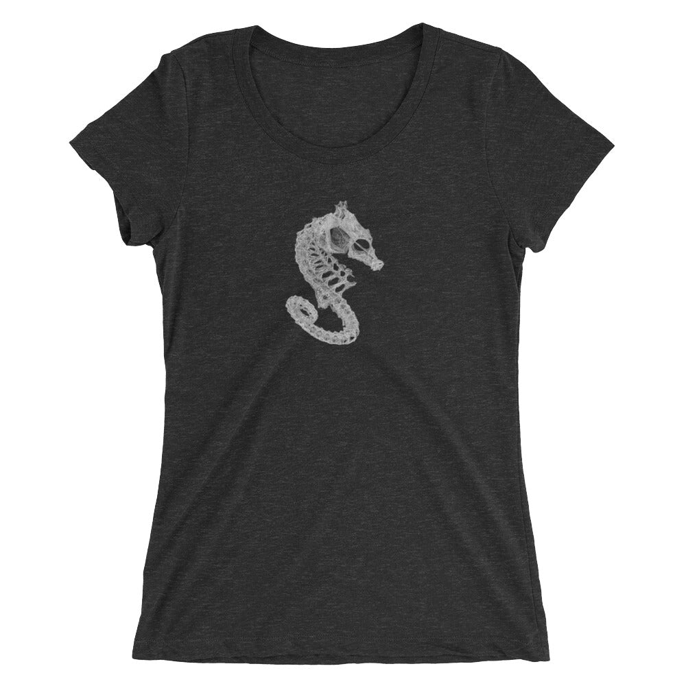 Front of black seahorse skeleton goth t-shirt scoop neck