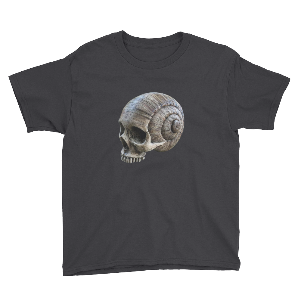 Front view short sleeve kid's spiral skull print shirt