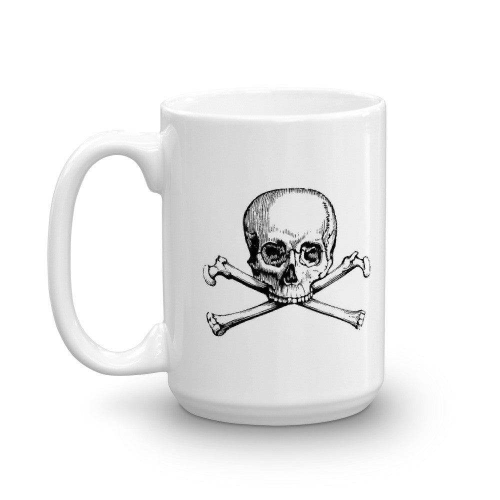 White coffee mug with black skull and crossbones logo