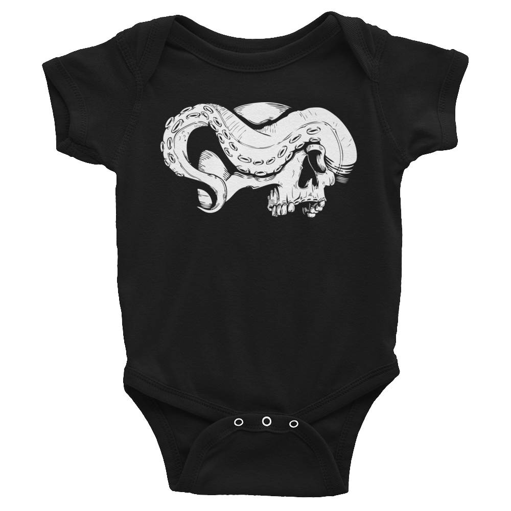 Black skull print baby onesie with tentacle
