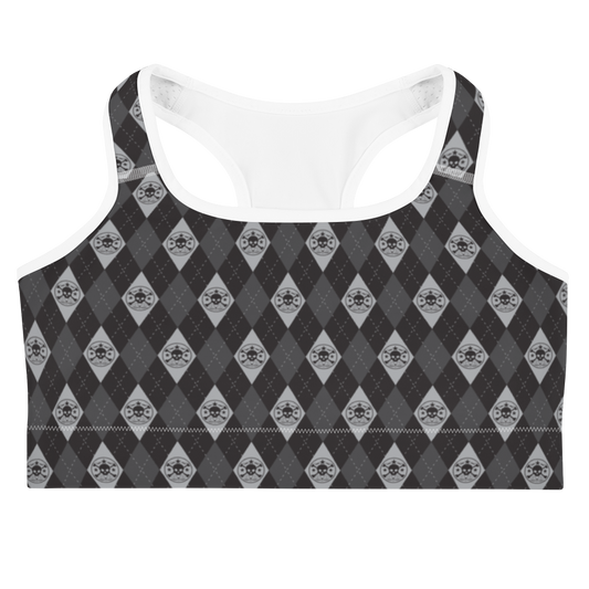 Front view black and grey argyle skull print sports bra with white trim