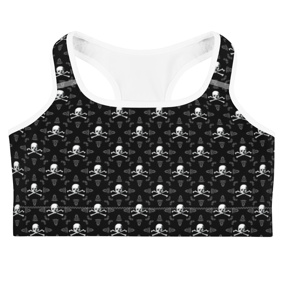 Front view skull and crossbones sports bra with white trim
