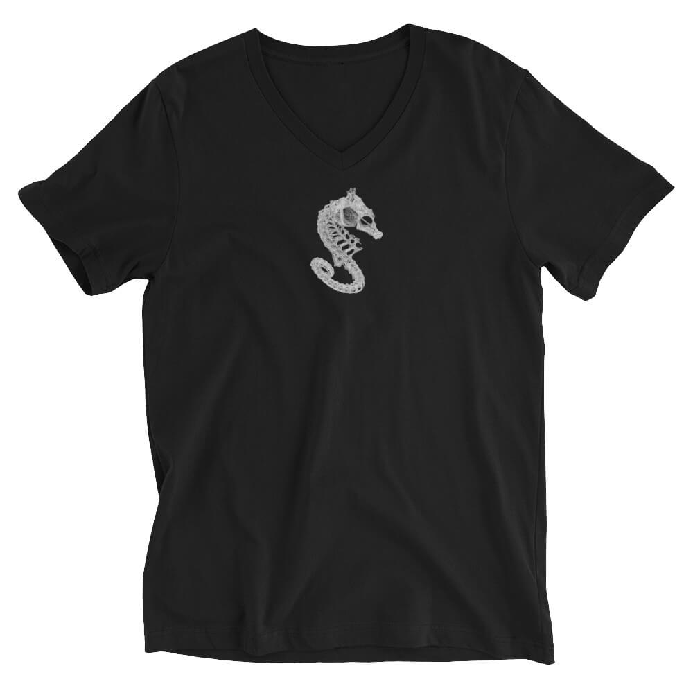 Black v-neck t-shirt with a white seahorse skeleton center front
