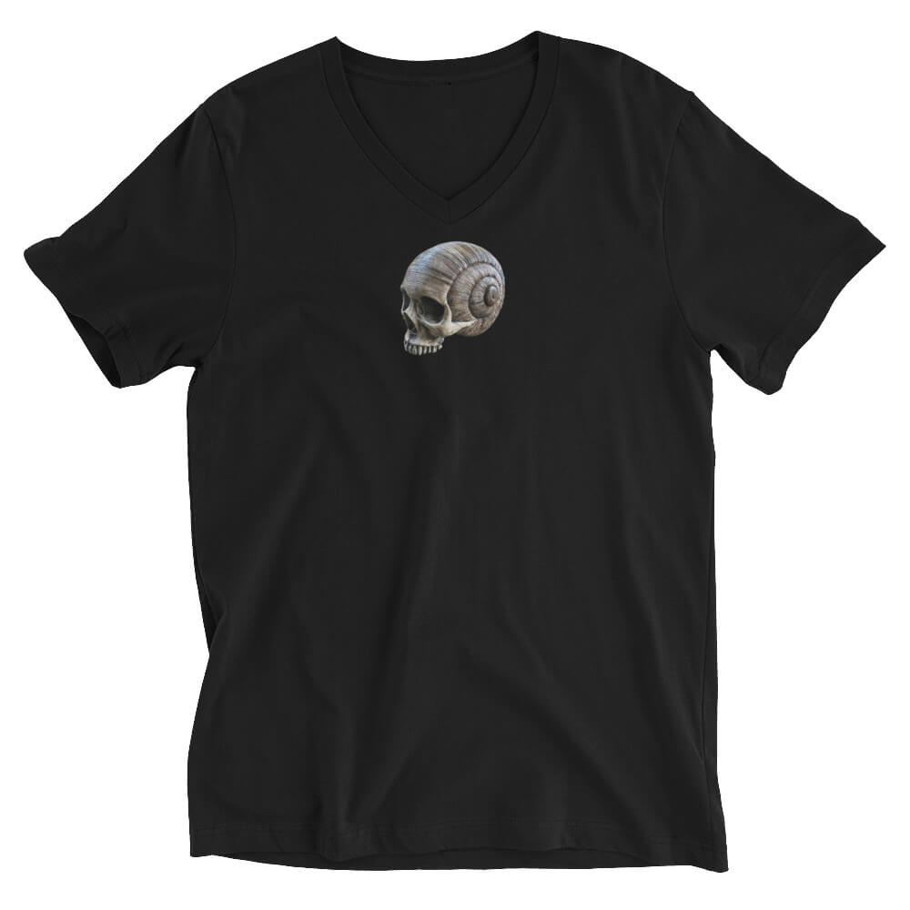 Black v-neck shirt with spiral skull image center front