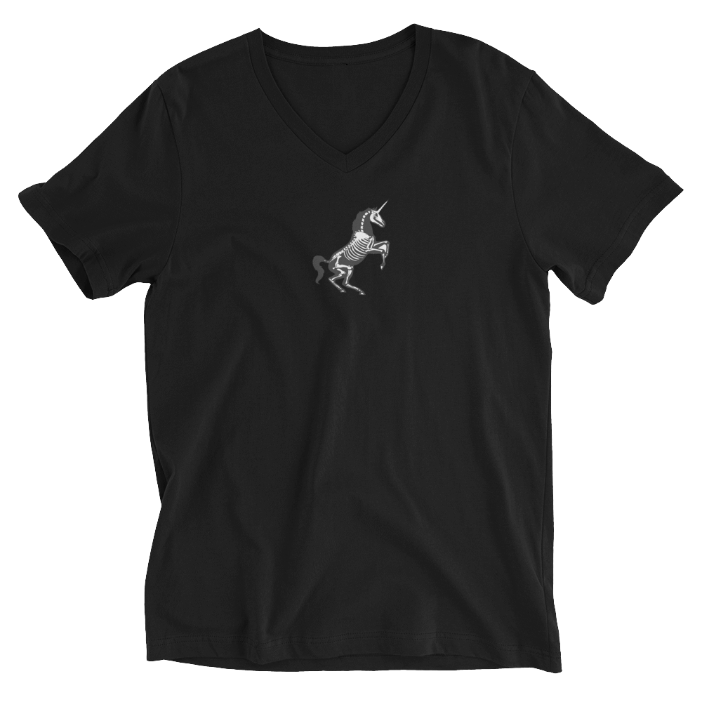 black v-neck t-shirt with a white unicorn skeleton center front.